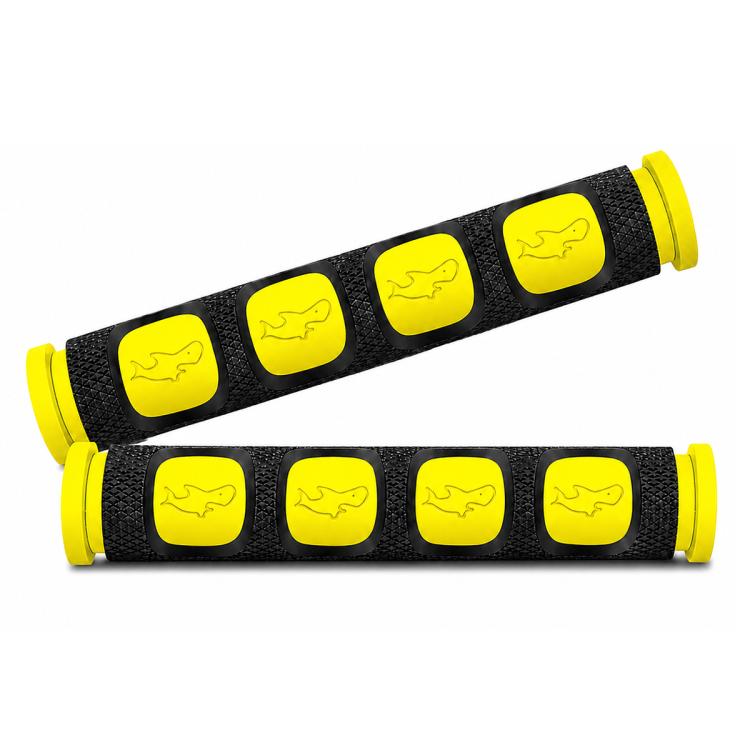 Motorcycle grip cover set, black with yellow horn icons and end caps, 2-piece