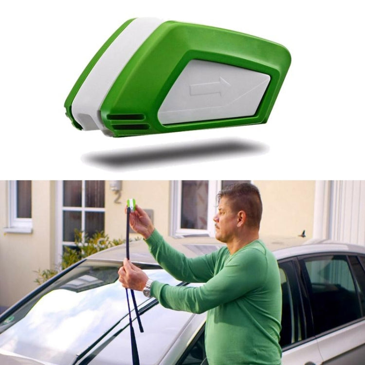 Green and white car windshield wiper blade restorer tool with built-in sponge