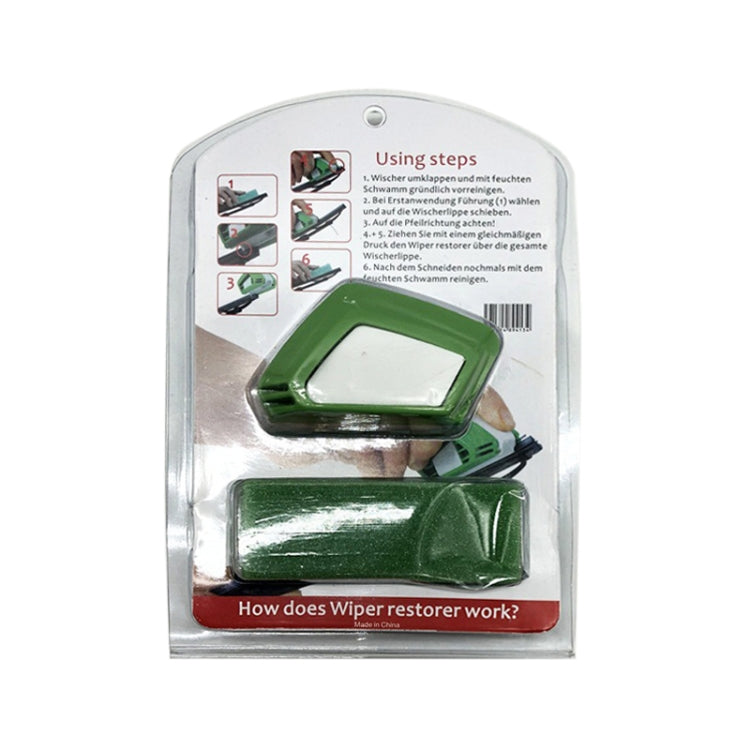 Green windshield wiper blade restorer in clear blister packaging