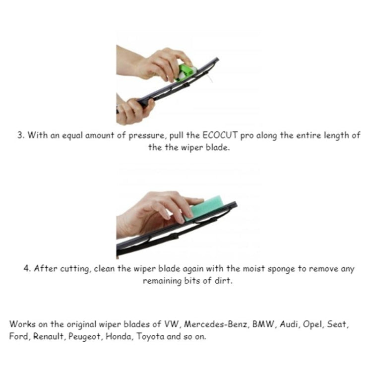 Hand applying pressure with green wiper blade restorer along wiper blade
