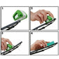 Step-by-step photos showing green wiper blade restorer installation and use