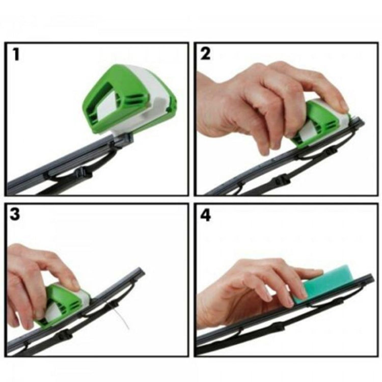 Step-by-step photos showing green wiper blade restorer installation and use