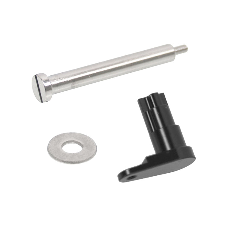 Fuel door hinge pin with silver pin, black bracket, and anti-wear washer