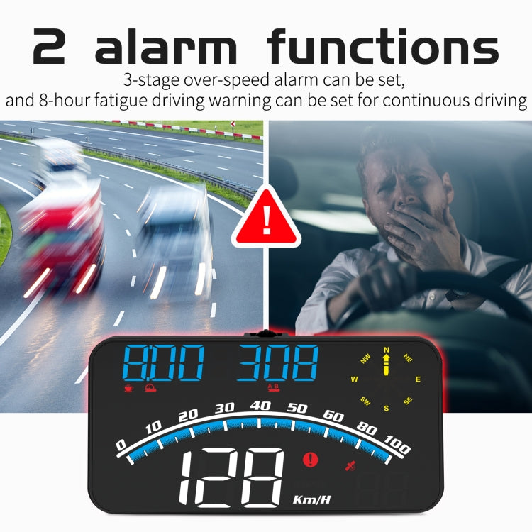 Car HUD speed display with blue digits and over-speed/fatigue warning icons