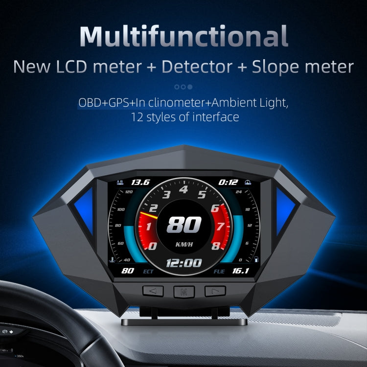 Car HUD meter display with black housing and blue side panels, digital speed readout