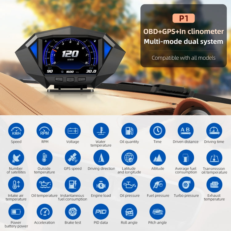 Car HUD meter display with black casing and blue side accents, showing speed and gauges