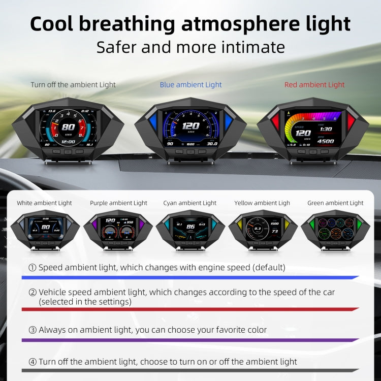 Car HUD meter with ambient light settings, device shown with blue lighting and color options