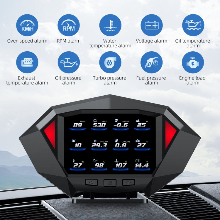 Car HUD meter with diagnostic alarm icons and multi-metric speed and sensor readouts