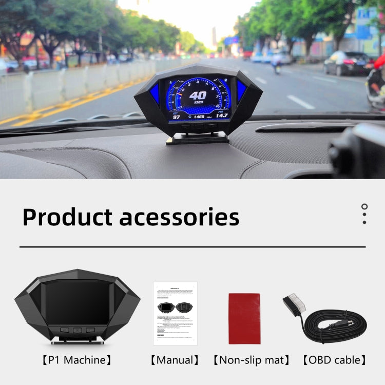 Car HUD speedometer display with included accessories: mount, manual, non-slip mat, OBD cable