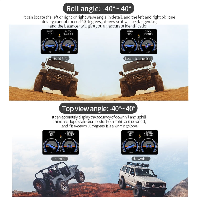 Car HUD head-up display with gauge view and roll/top angle angle diagrams