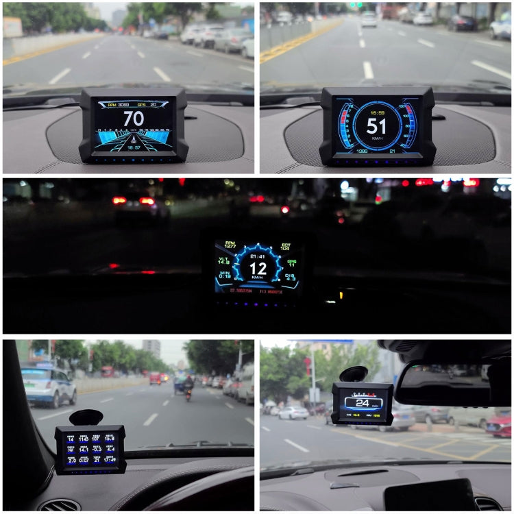 Car dashboard with HUD head-up display showing speed in traffic