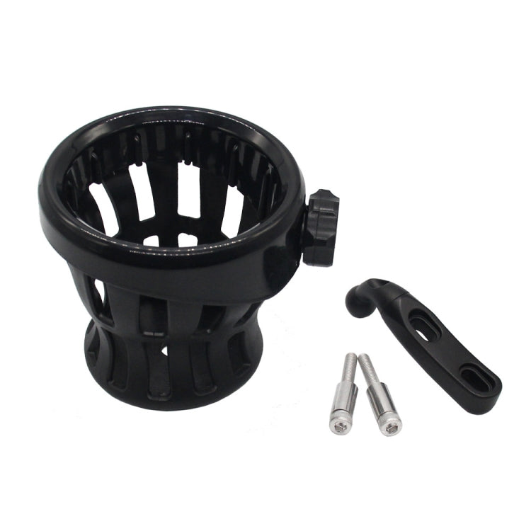 Black motorcycle drink cup holder with mounting clamp and two metal screws.