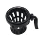 Black motorcycle drink cup holder with side mounting handle.