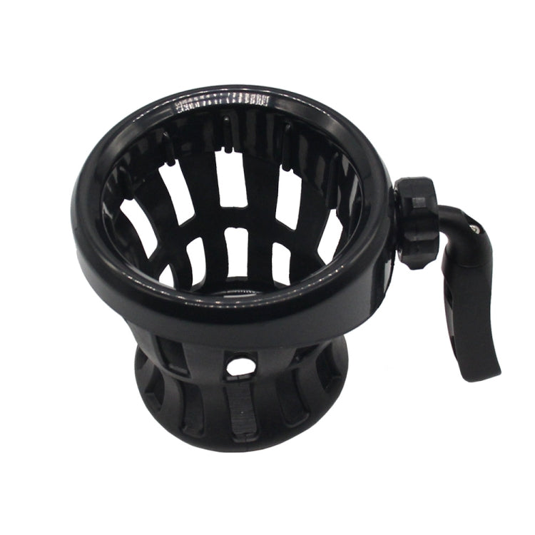 Black motorcycle drink cup holder with side mounting handle.