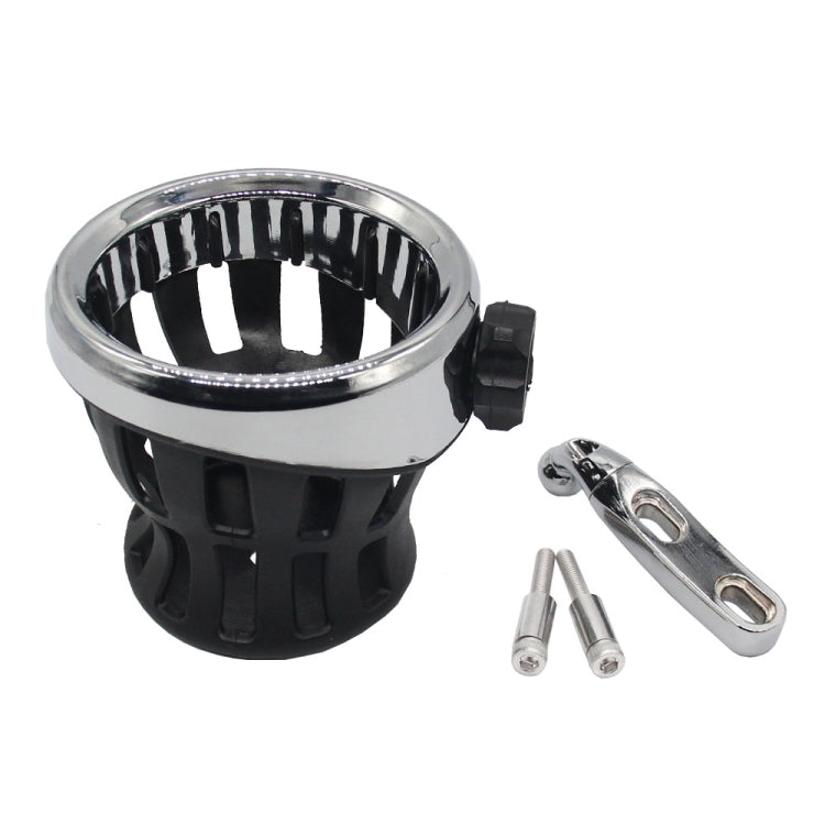 Silver-rim motorcycle drink cup holder with mounting clamp and two metal screws.