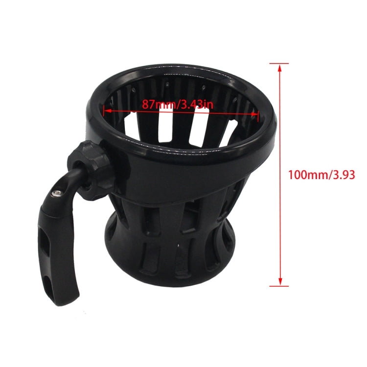 Black motorcycle drink cup holder with open cup and side mounting clamp.