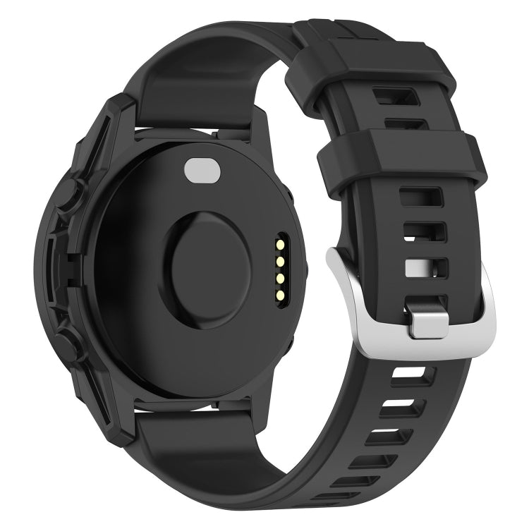 22mm silicone watch band in black with buckle and perforated strap holes.