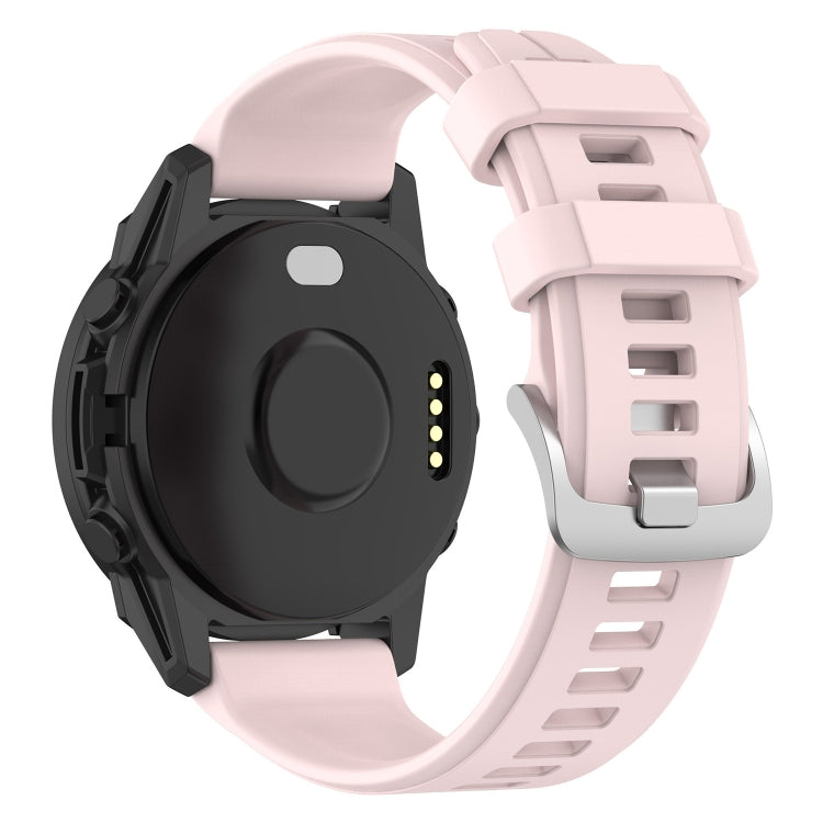 22mm silicone watch band in light pink with buckle and perforated strap holes.