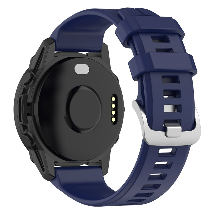 22mm silicone watch band in dark blue with buckle and perforated strap holes.