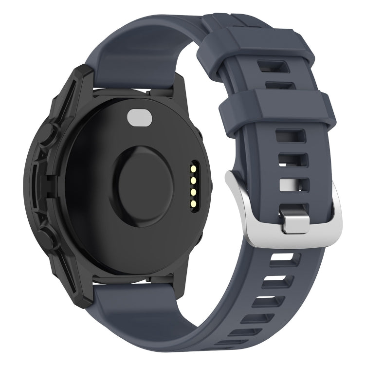22mm silicone watch band in blue grey with buckle and perforated strap holes.