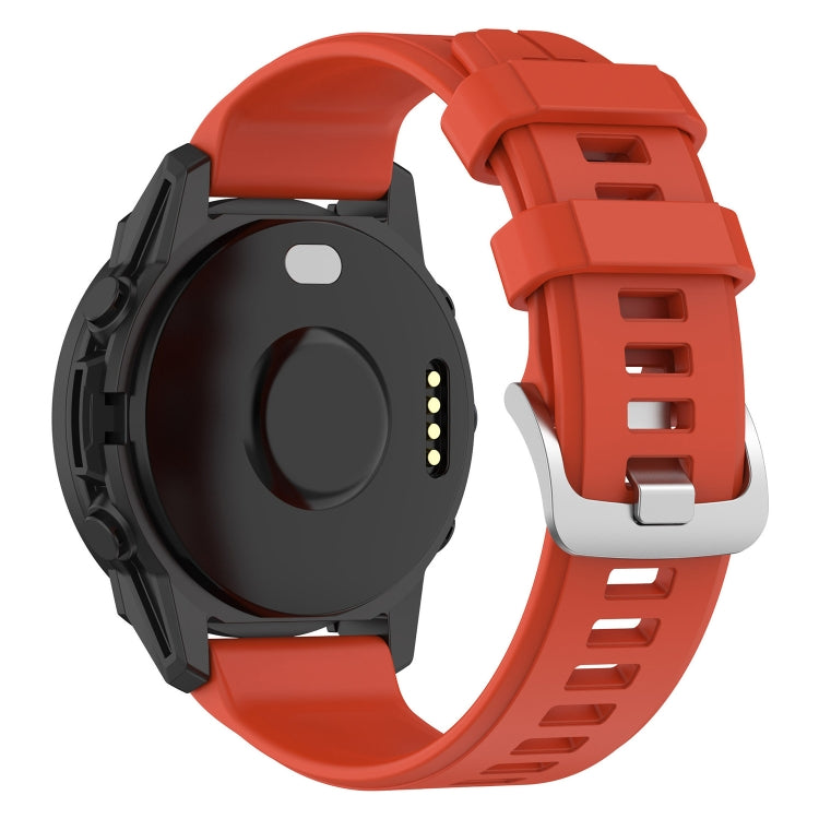 22mm silicone watch band in red with buckle and perforated strap holes.