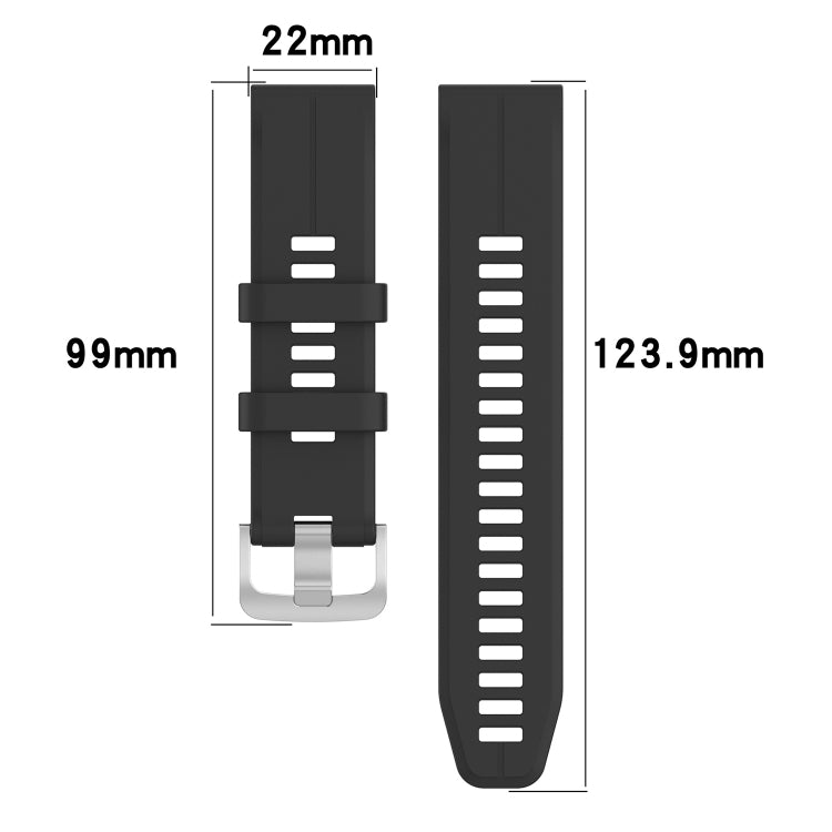 Black 22mm silicone watch band with clasp and length measurement graphic