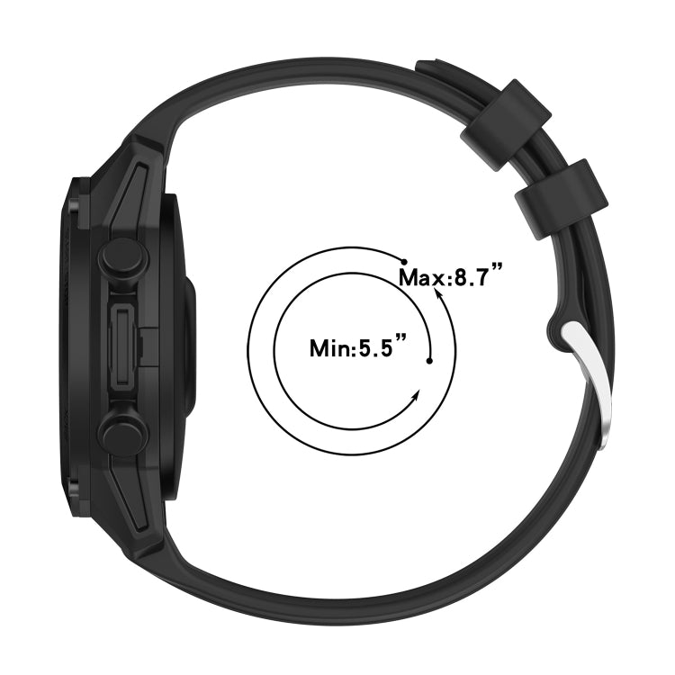 Black silicone watch band with adjustable fit range and clasp