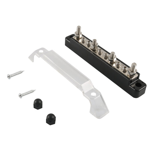 10-way power distribution block with terminal studs, black base, clear mounting bracket