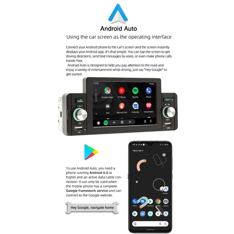 Android Auto compatible in-dash MP5 player with dual knobs and touchscreen display