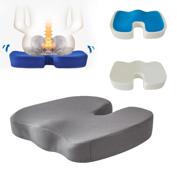 Grey U-shaped ergonomic seat cushion with contoured center cutout