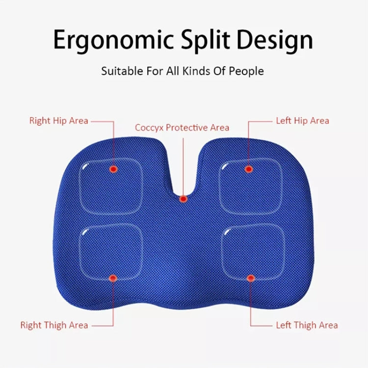 Blue ergonomic split seat cushion showing centered groove and hip-support shape