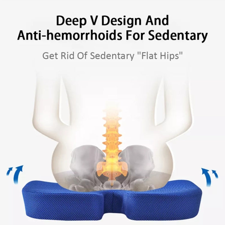 Blue U-shaped seat cushion with contoured openings for hip and thigh support