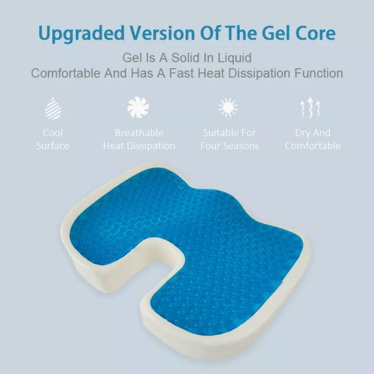 U-shaped ergonomic seat cushion with blue mesh cover and light-colored foam base