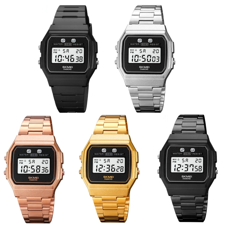 Assorted square-screen digital watches with metal link bracelets, multiple colors