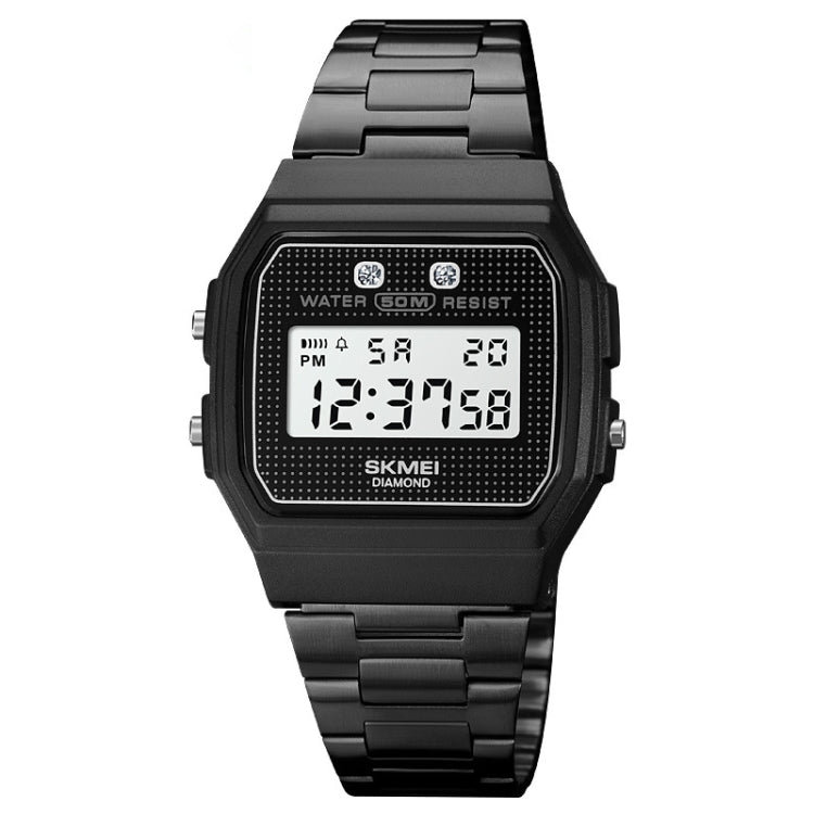 Black digital sports watch with square resin case and linked metal bracelet, display visible