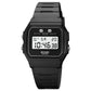 Black digital sports watch with square resin case and linked bracelet, LCD display on