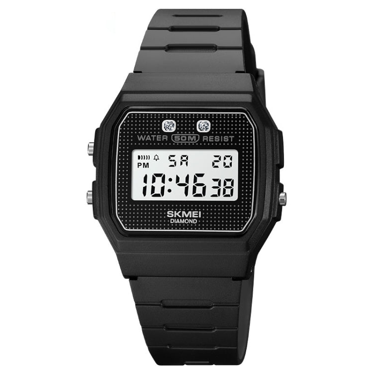 Black digital sports watch with square resin case and linked bracelet, LCD display on
