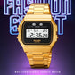 Gold digital sports watch with square resin case and linked metal bracelet, display visible