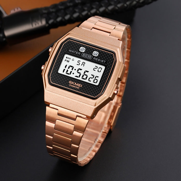 Rose gold digital sports watch with square resin case and linked metal bracelet, display on