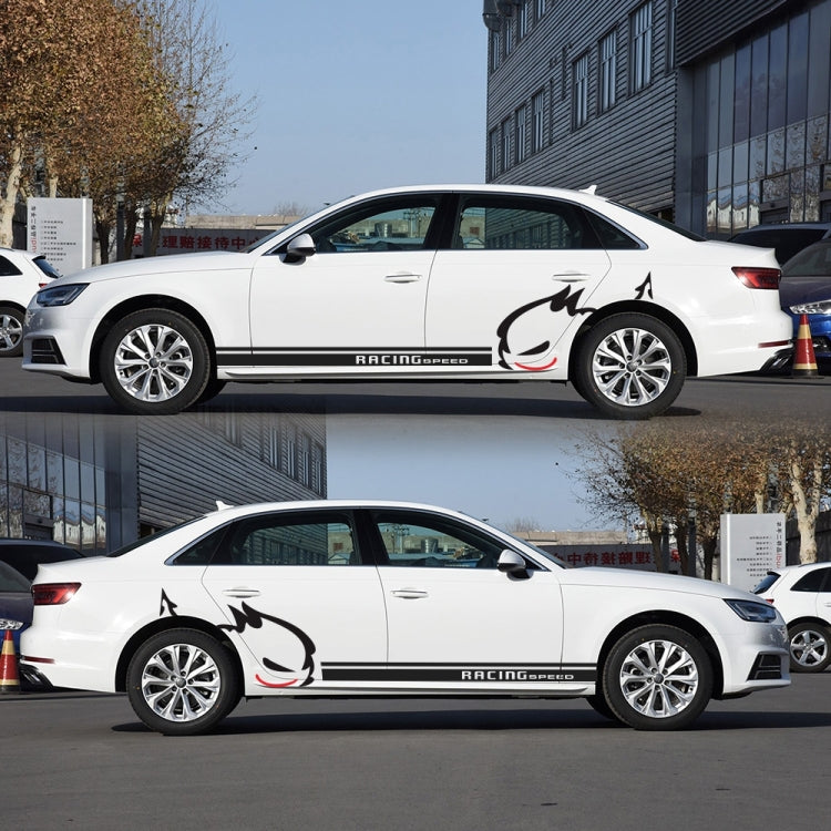 White car side with evil rabbit decal: black stripe with racing speed text