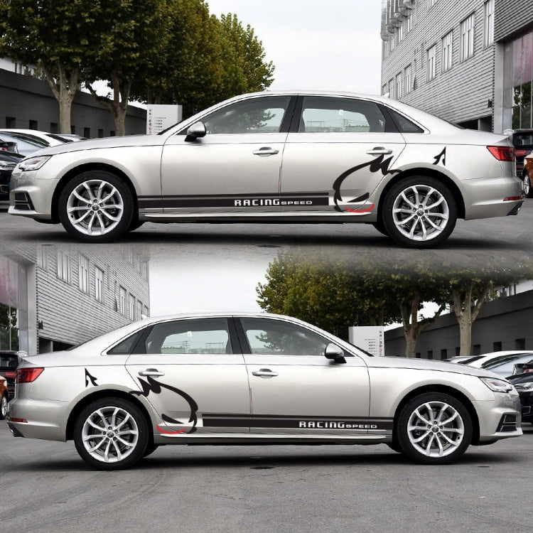 Silver car side with evil rabbit decal: black racing stripe and racing speed text