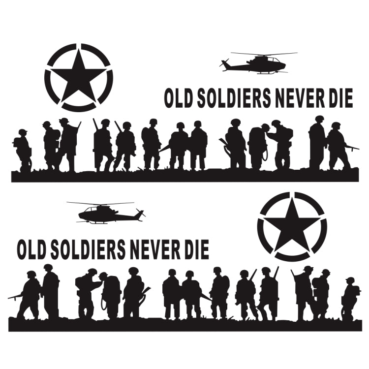 Car decal set with black soldier silhouettes, star emblems, helicopter, and 'Old Soldiers Never Die' text