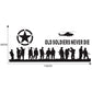 Car decal set with black 'Old Soldiers Never Die' soldier silhouettes, star, and helicopter; size shown