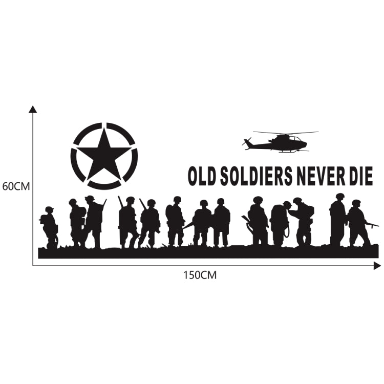 Car decal set with black 'Old Soldiers Never Die' soldier silhouettes, star, and helicopter; size shown