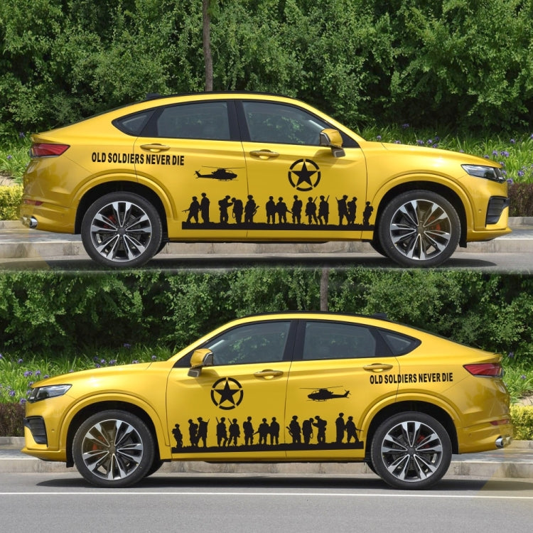 Truck car decal set on yellow pickup: black star emblem and 'Old Soldiers Never Die' soldier silhouettes