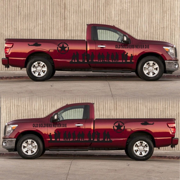 Truck car decal set on dark red pickup: red star emblem and 'Old Soldiers Never Die' soldier silhouettes