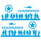 Car decal set with blue soldier silhouettes, star emblems, helicopter, and 'Old Soldiers Never Die' text