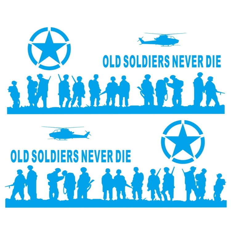 Car decal set with blue soldier silhouettes, star emblems, helicopter, and 'Old Soldiers Never Die' text