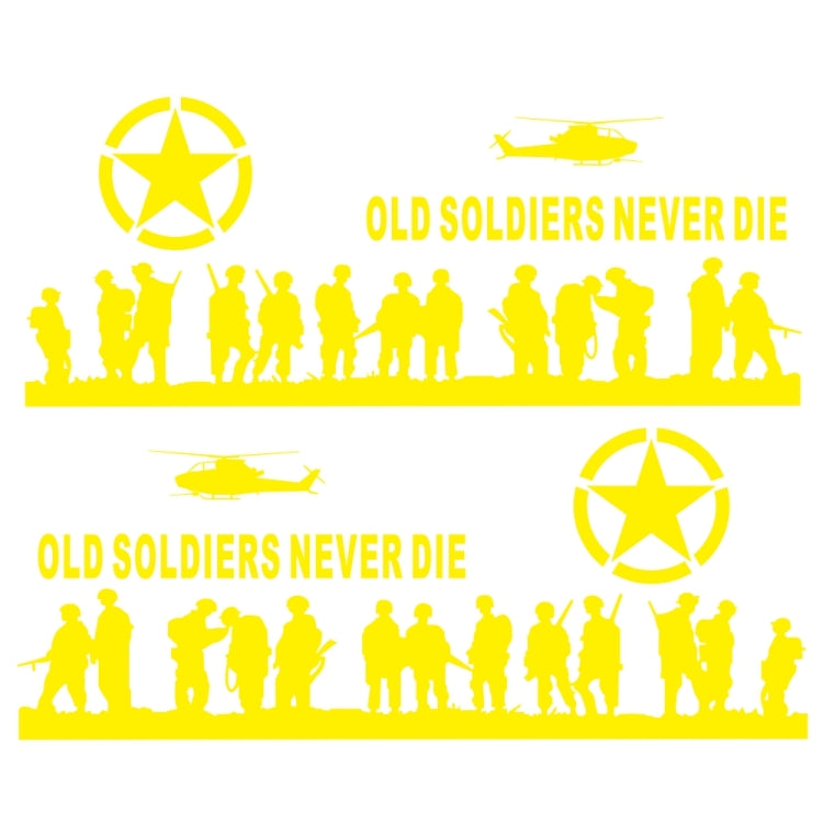 Car decal set with yellow soldier silhouettes, star emblems, helicopter, and 'Old Soldiers Never Die' text