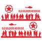 Car decal set with red soldier silhouettes, star emblems, helicopter, and 'Old Soldiers Never Die' text